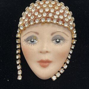 Flapper Face Brooch Rhinestone Headdress Dangle Pin Unmarked